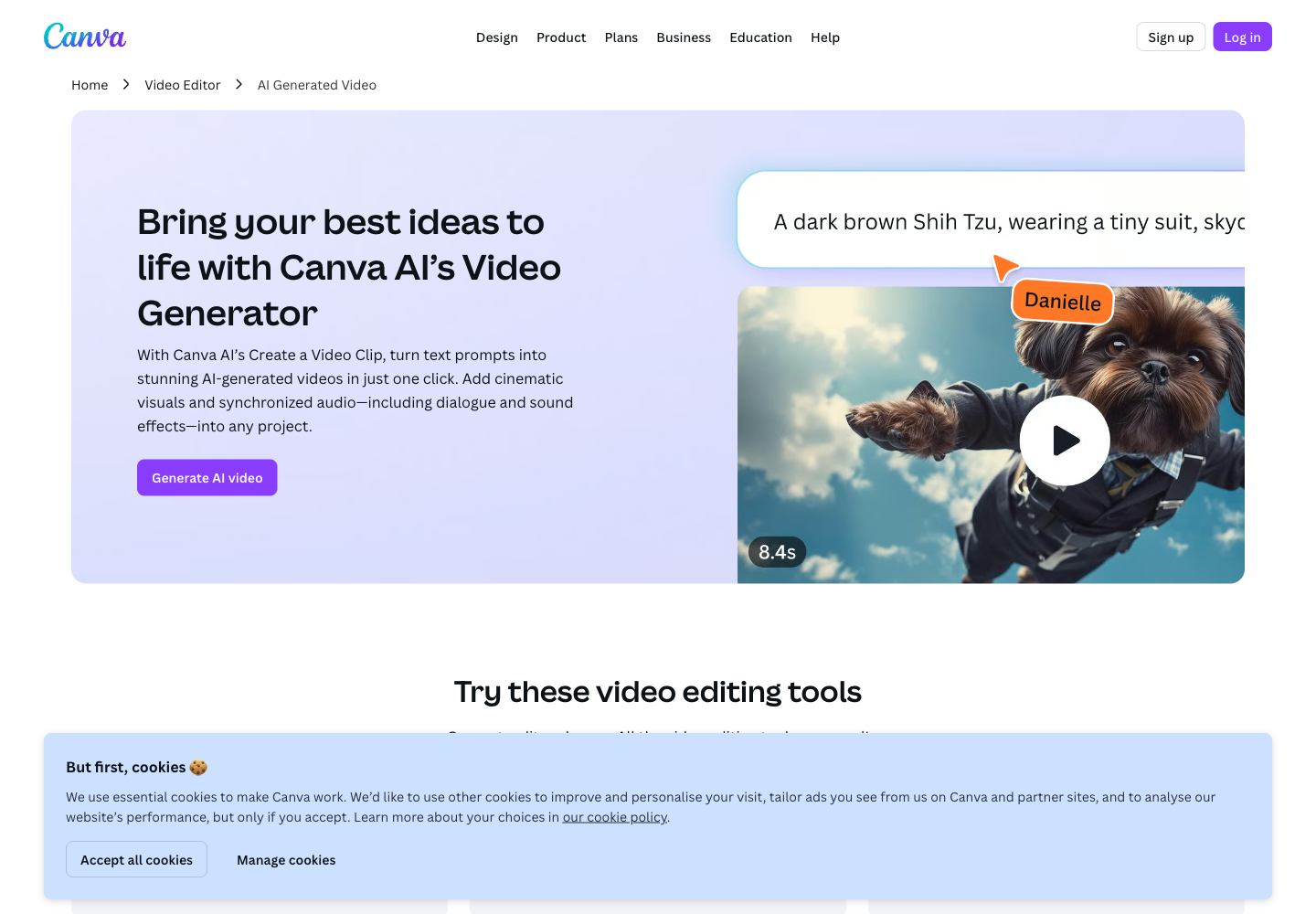 Canva AI Video Generator website first screen screenshot