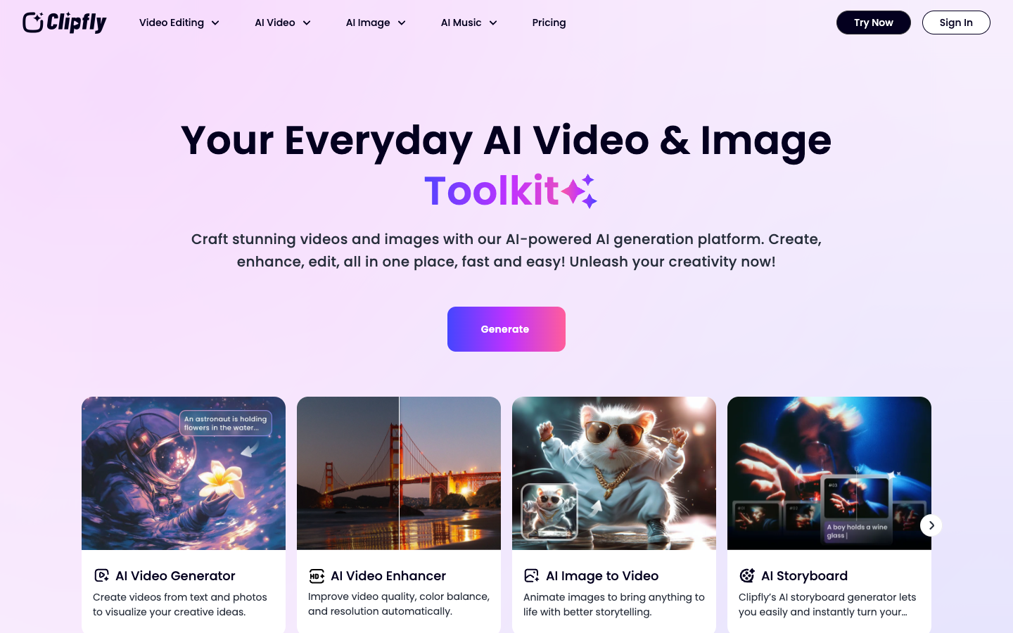 Clipfly AI website first screen screenshot