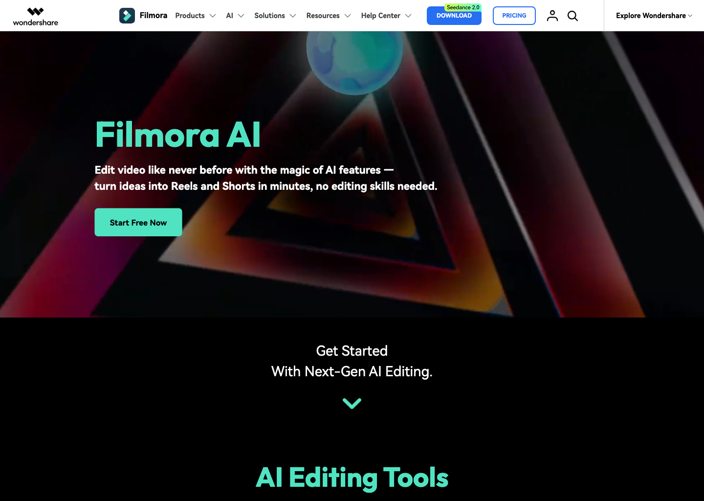 Filmora website first screen screenshot